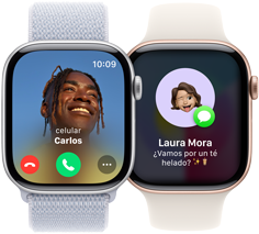 Un Apple Watch Series 10 muestra una llamada entrante y otro Apple Watch Series 10 muestra que se recibió un mensaje